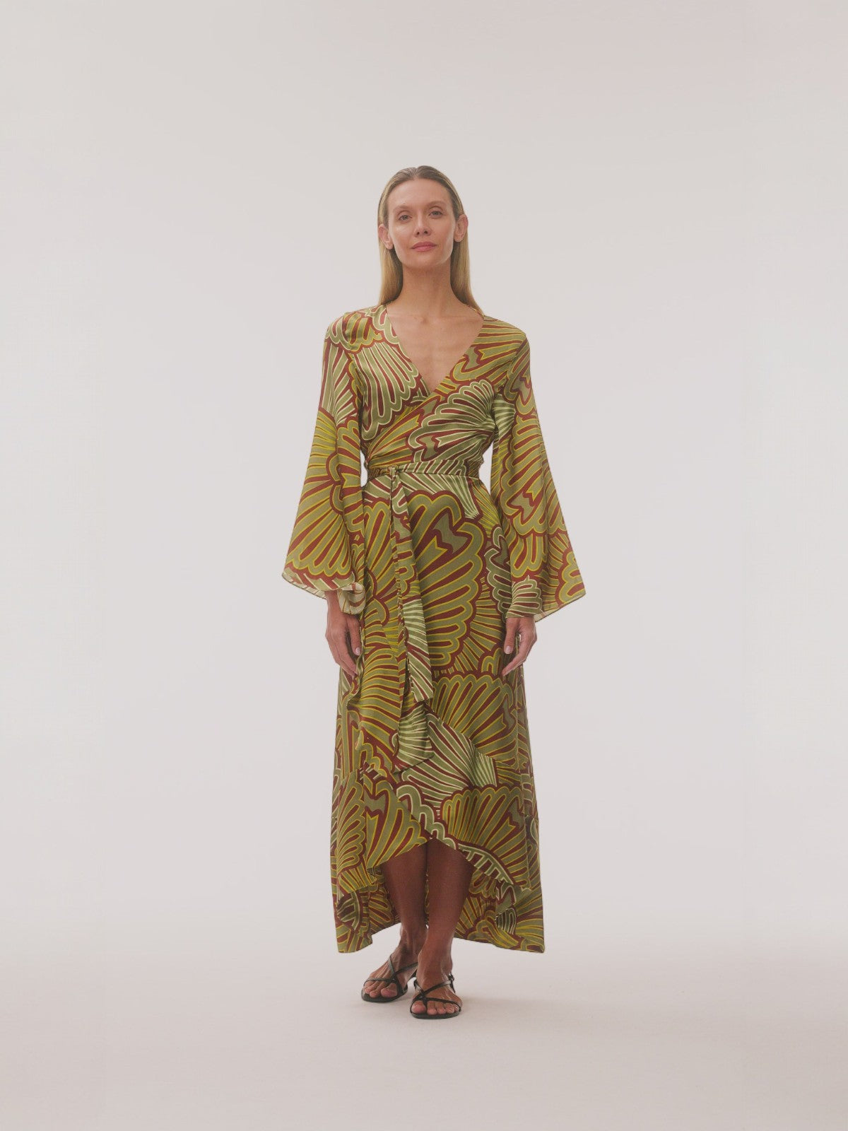 Pacífico Satin Silk Midi Dress | Yellow Intricate Shells Pacífico Satin Silk Midi Dress | Yellow Intricate Shells