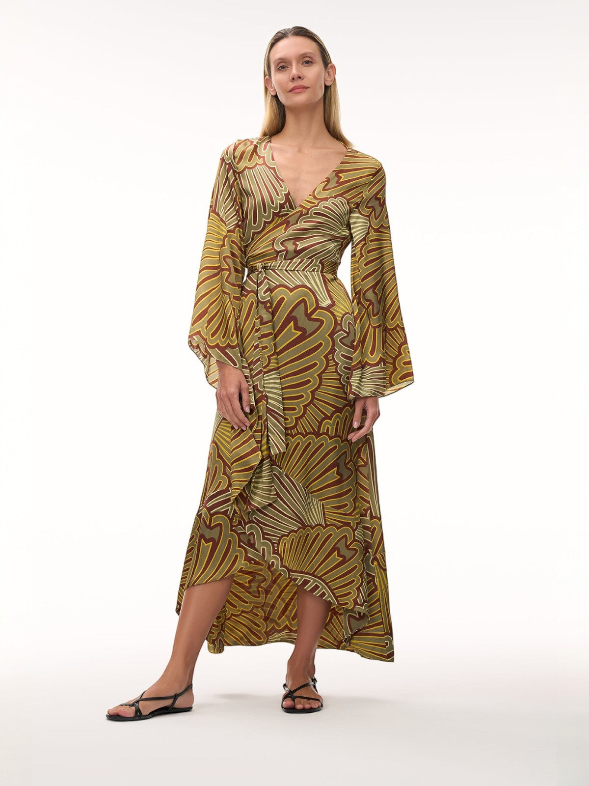 Pacífico Satin Silk Midi Dress | Yellow Intricate Shells Pacífico Satin Silk Midi Dress | Yellow Intricate Shells