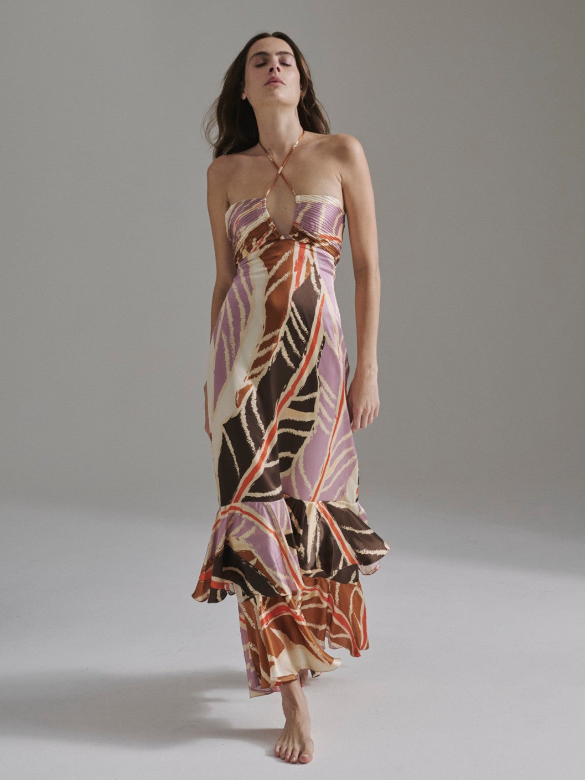 Sevillana Satin Silk Dress | Lilac Platanera Leaves Sevillana Satin Silk Dress | Lilac Platanera Leaves