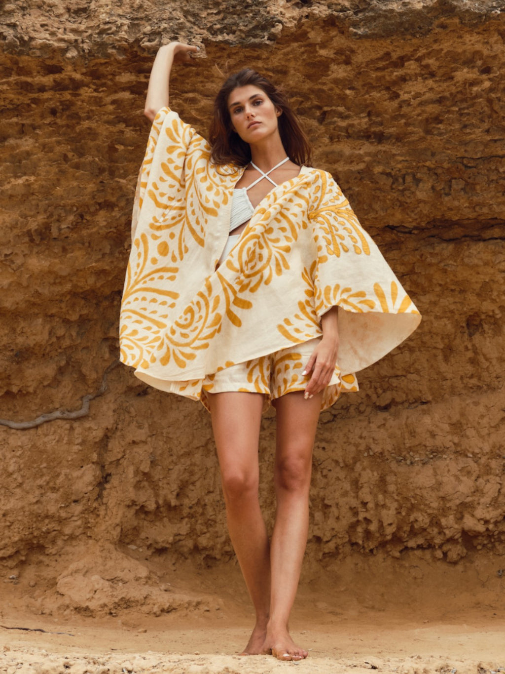 Cavalo Hand Embroidered Linen Poncho | Ecru Yellow Arabesque