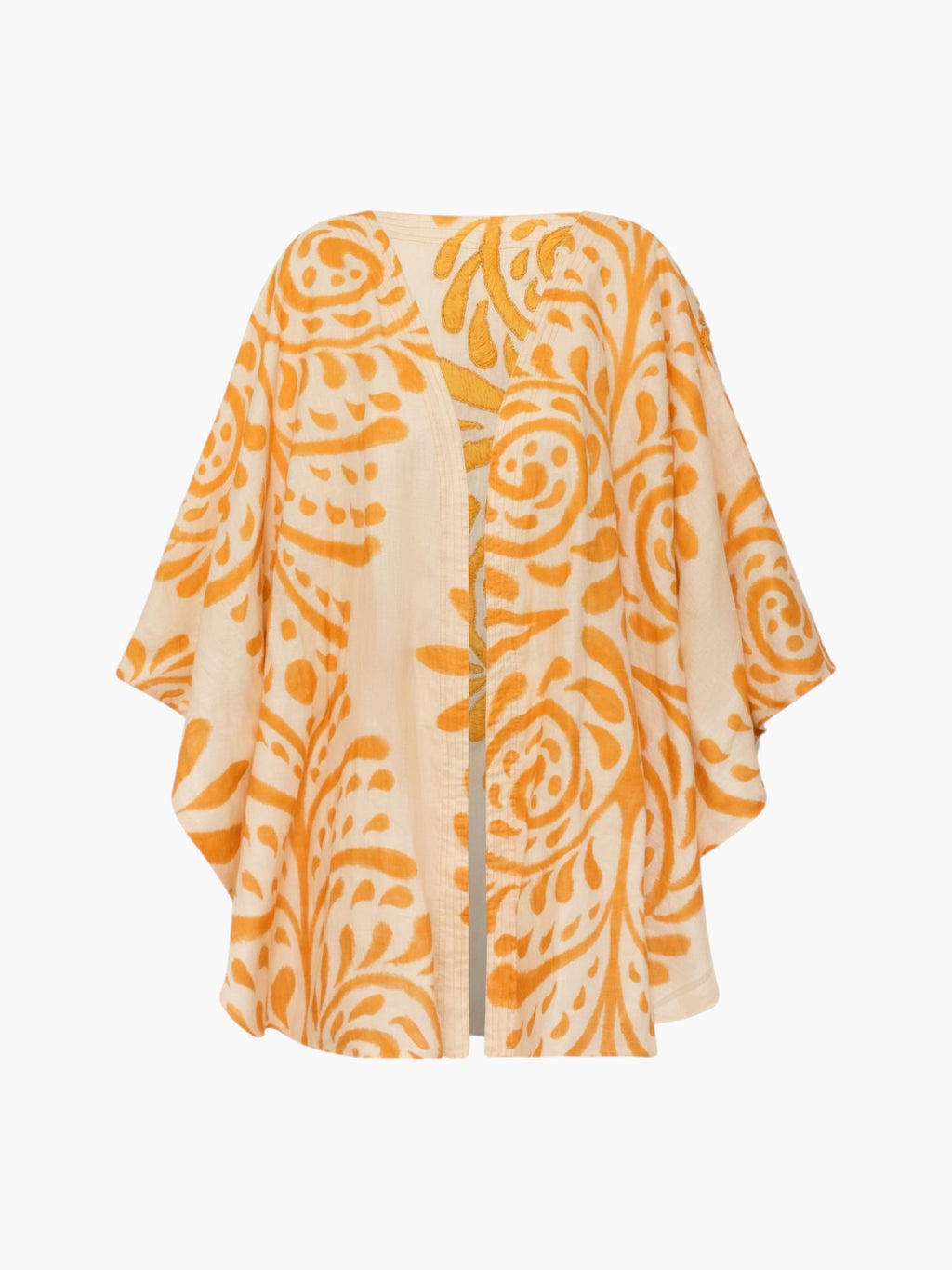 Cavalo Hand Embroidered Linen Poncho | Ecru Yellow Arabesque