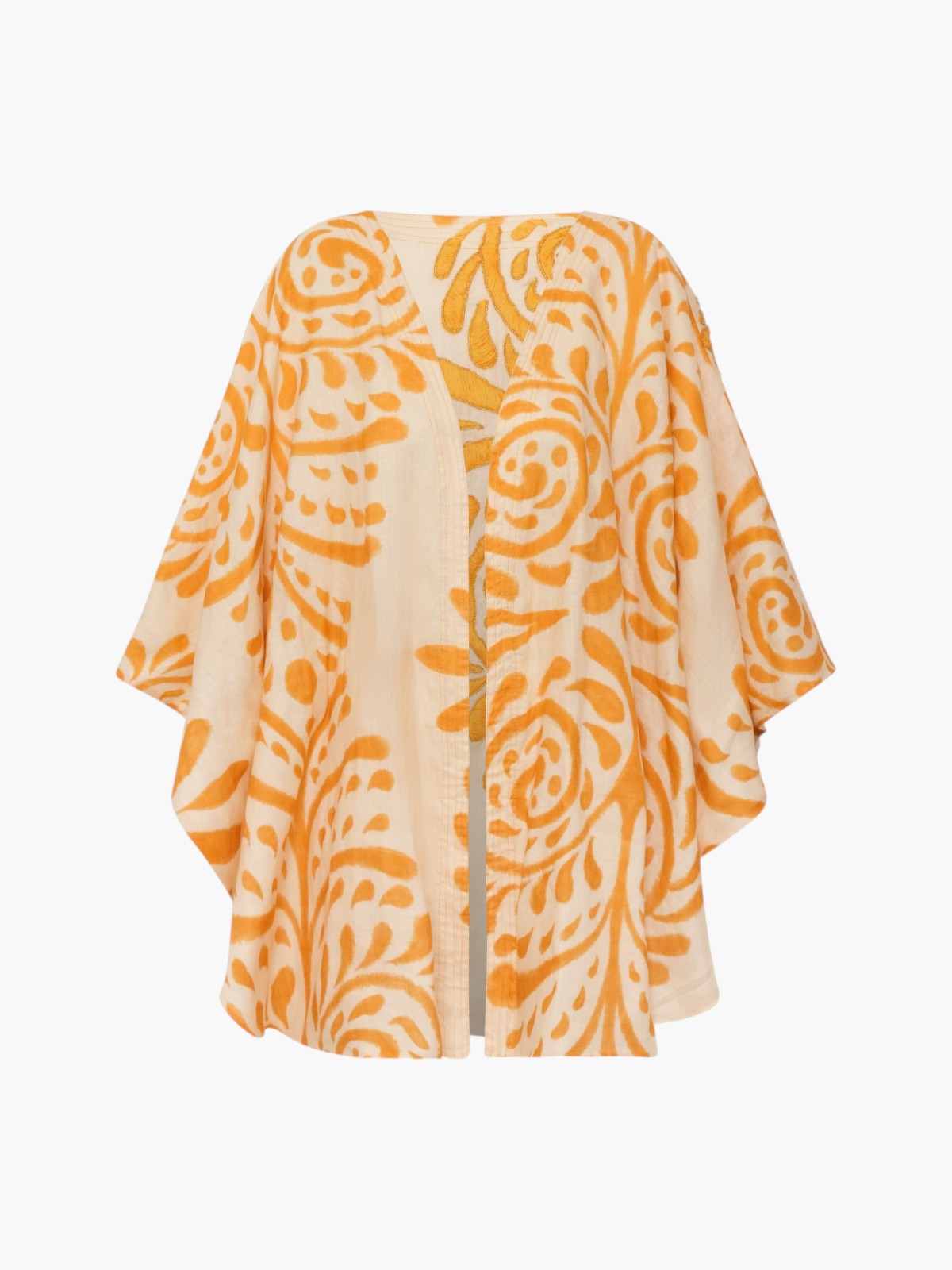 Cavalo Hand Embroidered Linen Poncho | Ecru Yellow Arabesque Cavalo Hand Embroidered Linen Poncho | Ecru Yellow Arabesque