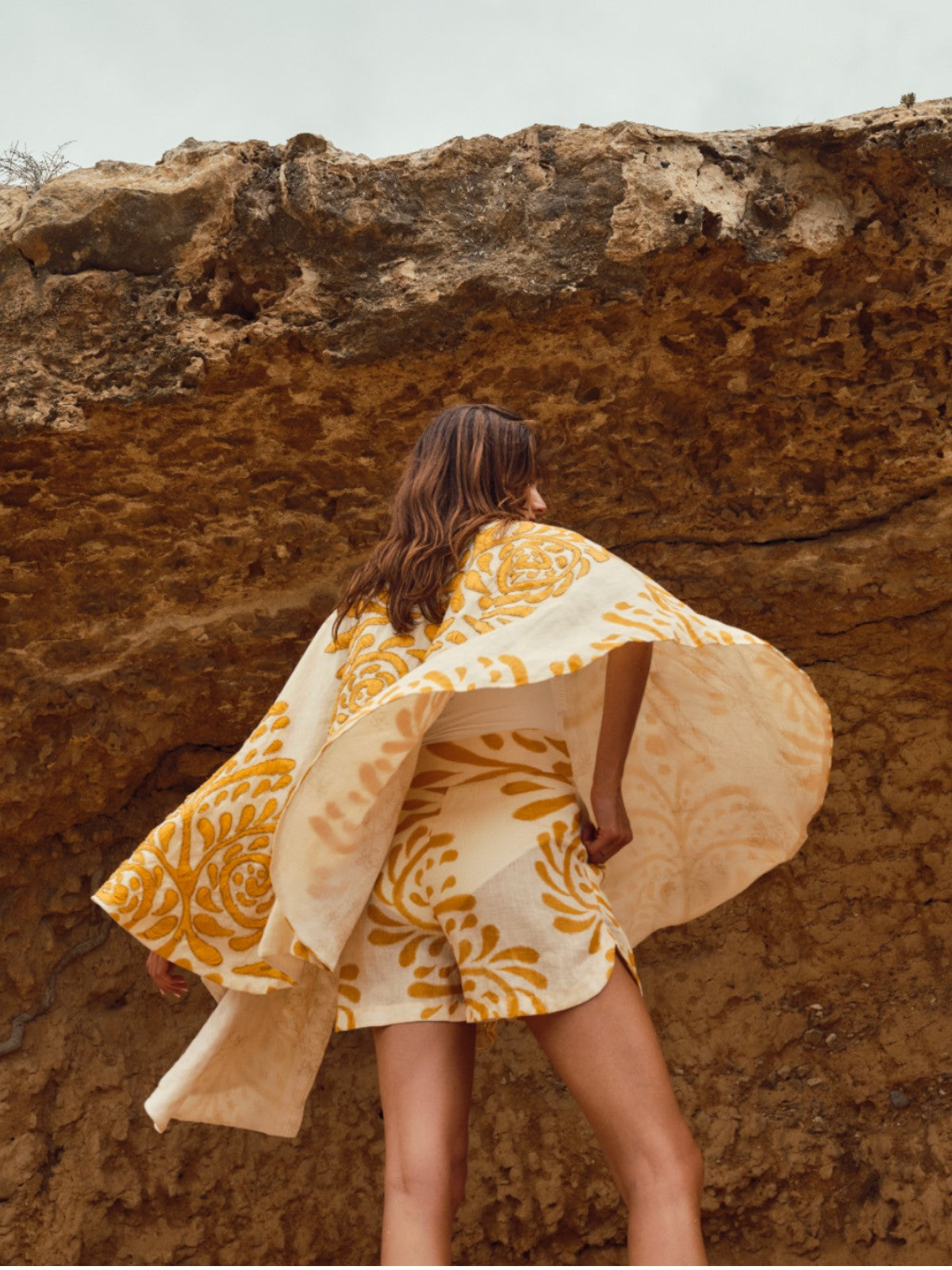 Cavalo Hand Embroidered Linen Poncho | Ecru Yellow Arabesque Cavalo Hand Embroidered Linen Poncho | Ecru Yellow Arabesque