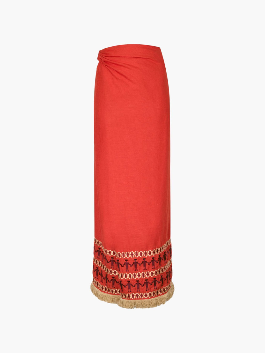 Guainia Linen Midi Skirt | Red Embroidered