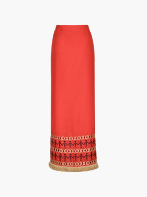 Guainia Linen Midi Skirt | Red Embroidered Guainia Linen Midi Skirt | Red Embroidered