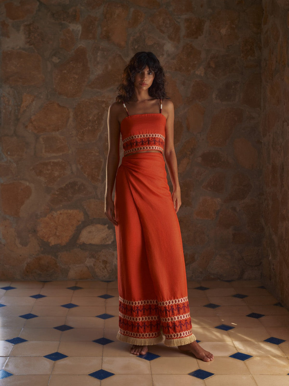 Guainia Linen Midi Skirt | Red Embroidered Guainia Linen Midi Skirt | Red Embroidered