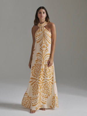 Ipanema Linen Maxi Dress | Ecru/Yellow Arabesque Ipanema Linen Maxi Dress | Ecru/Yellow Arabesque