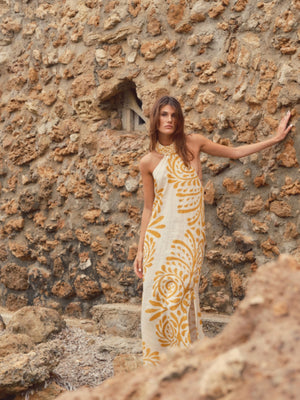 Ipanema Linen Maxi Dress | Ecru/Yellow Arabesque Ipanema Linen Maxi Dress | Ecru/Yellow Arabesque