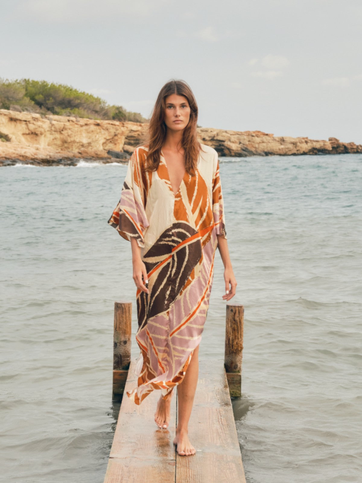 Mercedes Satin Silk Closed Tunic | Lilac Platanera Leaves Mercedes Satin Silk Closed Tunic | Lilac Platanera Leaves