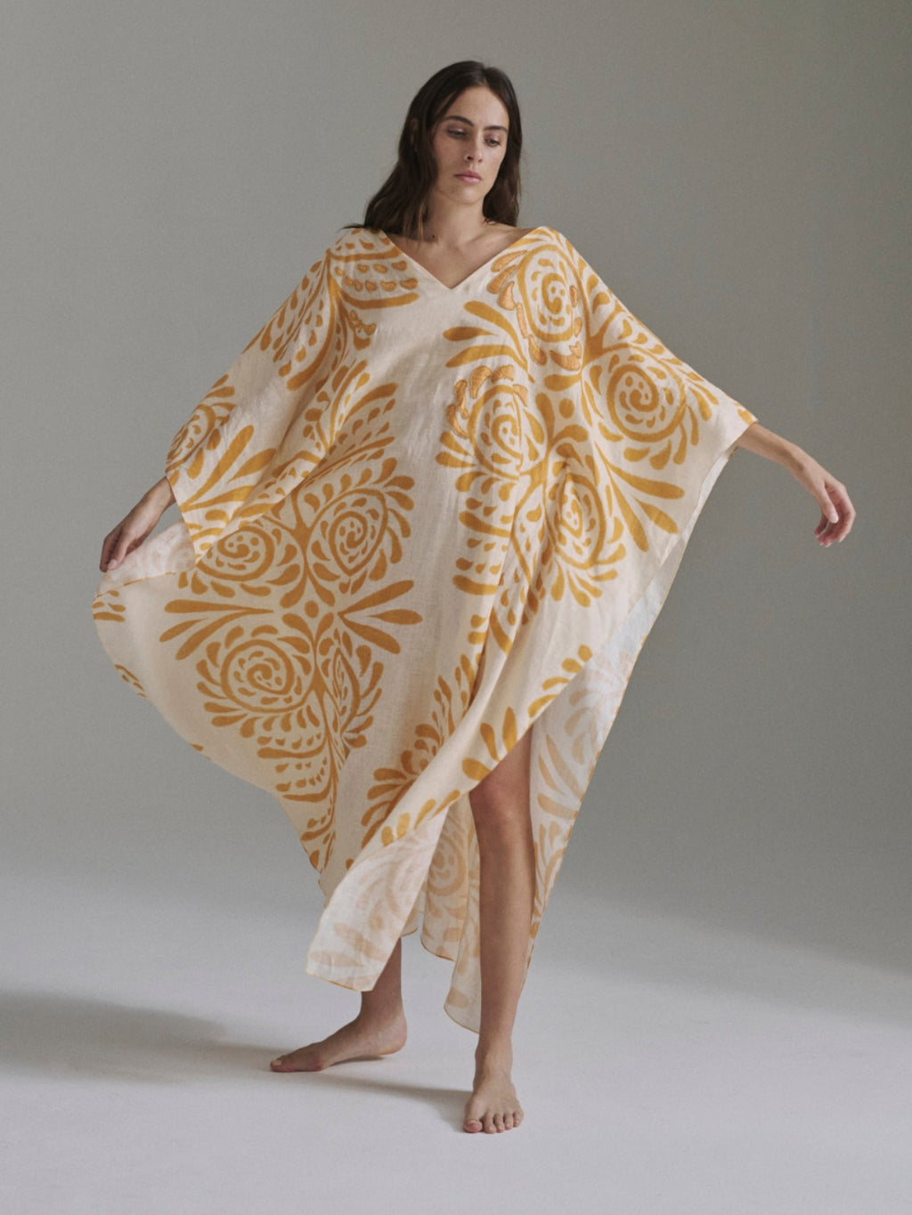 Morena Hand Embroidered Linen Closed Tunic | Ecru Yellow Arabesque