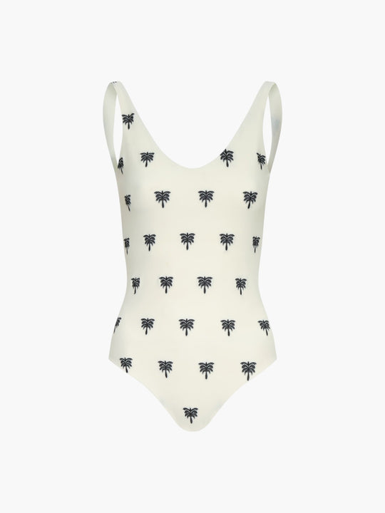 Olympic Embroidered One Piece | Ivory/Black Polka Palms