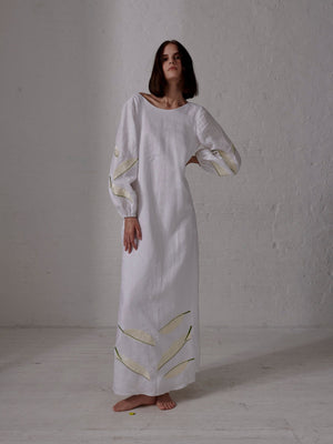 Saman Linen Embroidered Maxi Dress | White Saman Linen Embroidered Maxi Dress | White