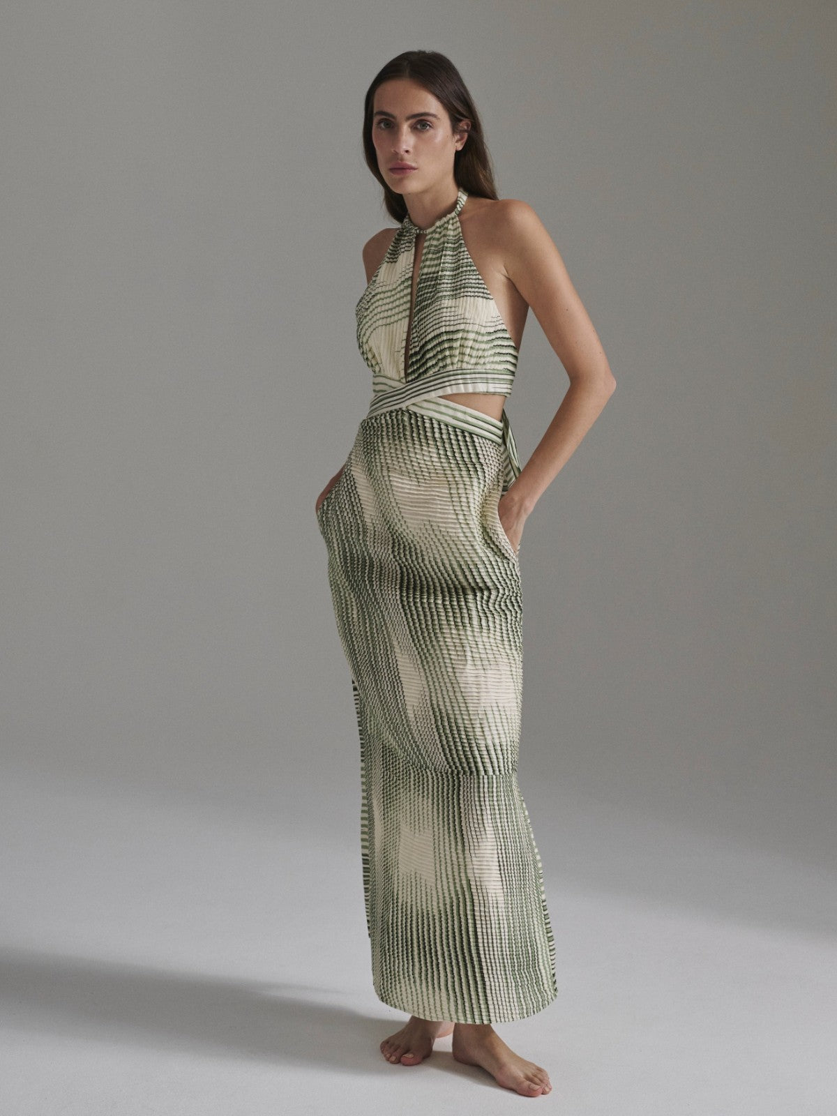 San Agustin Pleated Linen Midi Dress | Green Stripes San Agustin Pleated Linen Midi Dress | Green Stripes