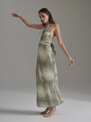 San Agustin Pleated Linen Midi Dress | Green Stripes San Agustin Pleated Linen Midi Dress | Green Stripes