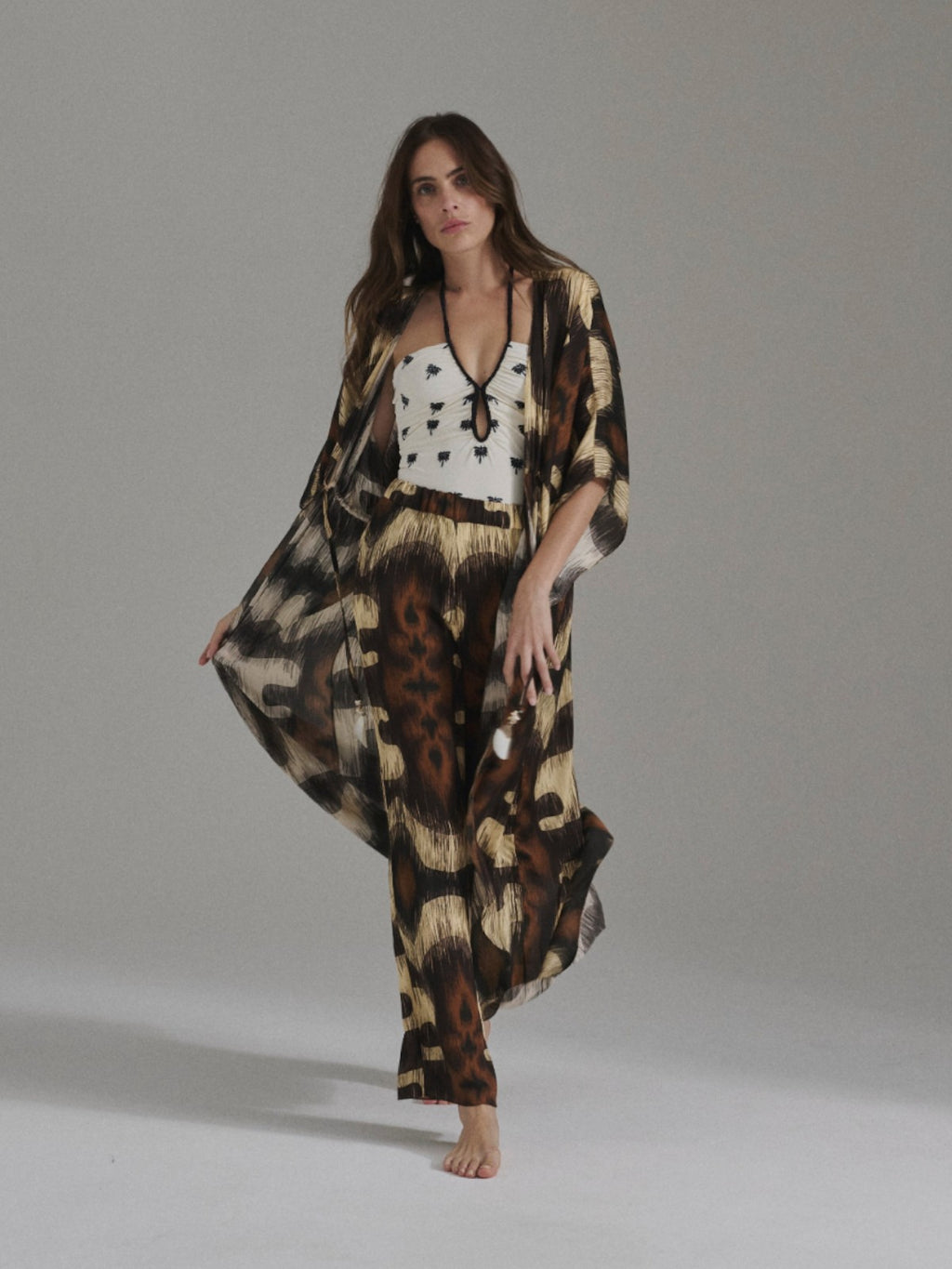 San Benito Martellato Silk Pants | Brown Ikat