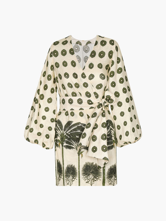Tertulia Linen Mini Dress | Cream Mini Palms Green