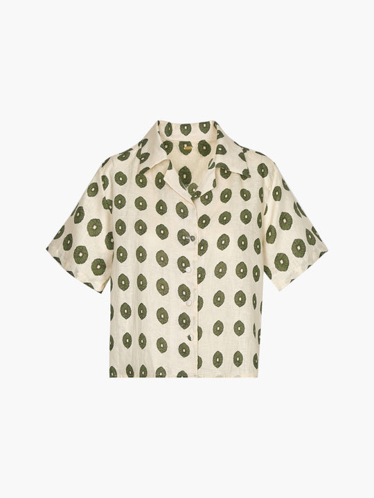 Tomaso Linen Shirt | Cream Mini Palms Green