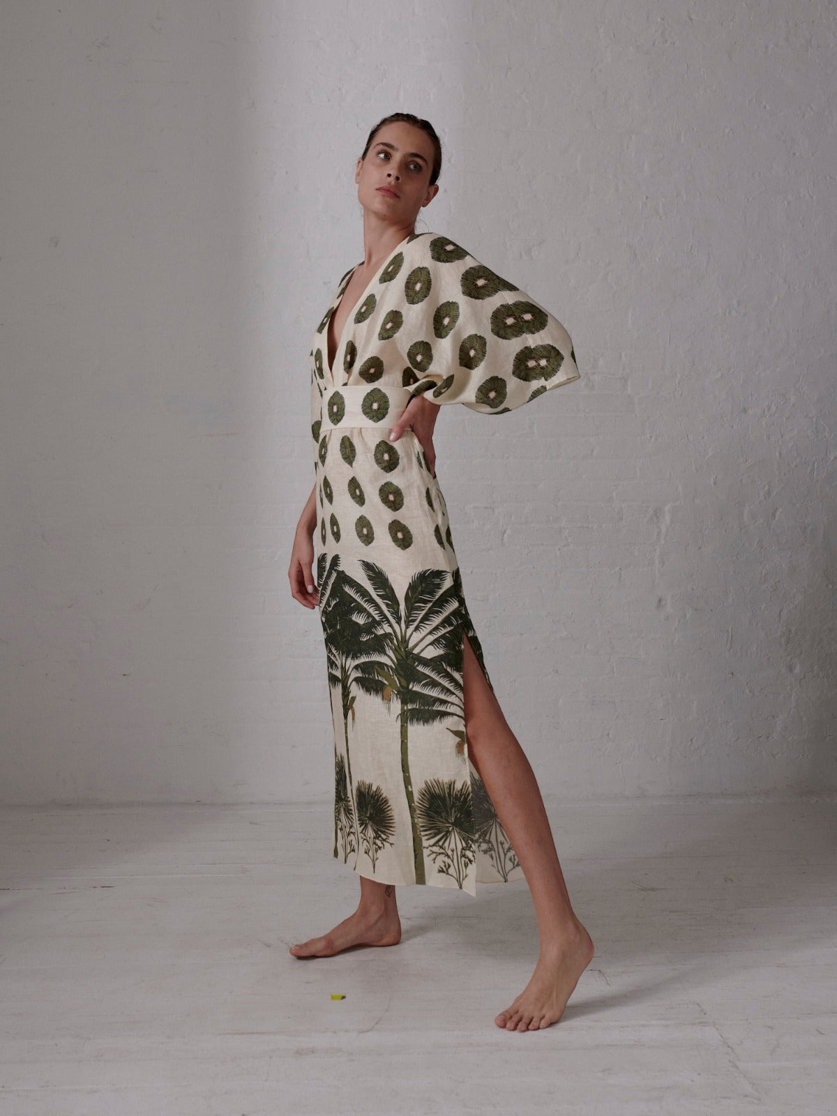 Topacio Linen Maxi Dress | Cream Maxi Palms Green Topacio Linen Maxi Dress | Cream Maxi Palms Green