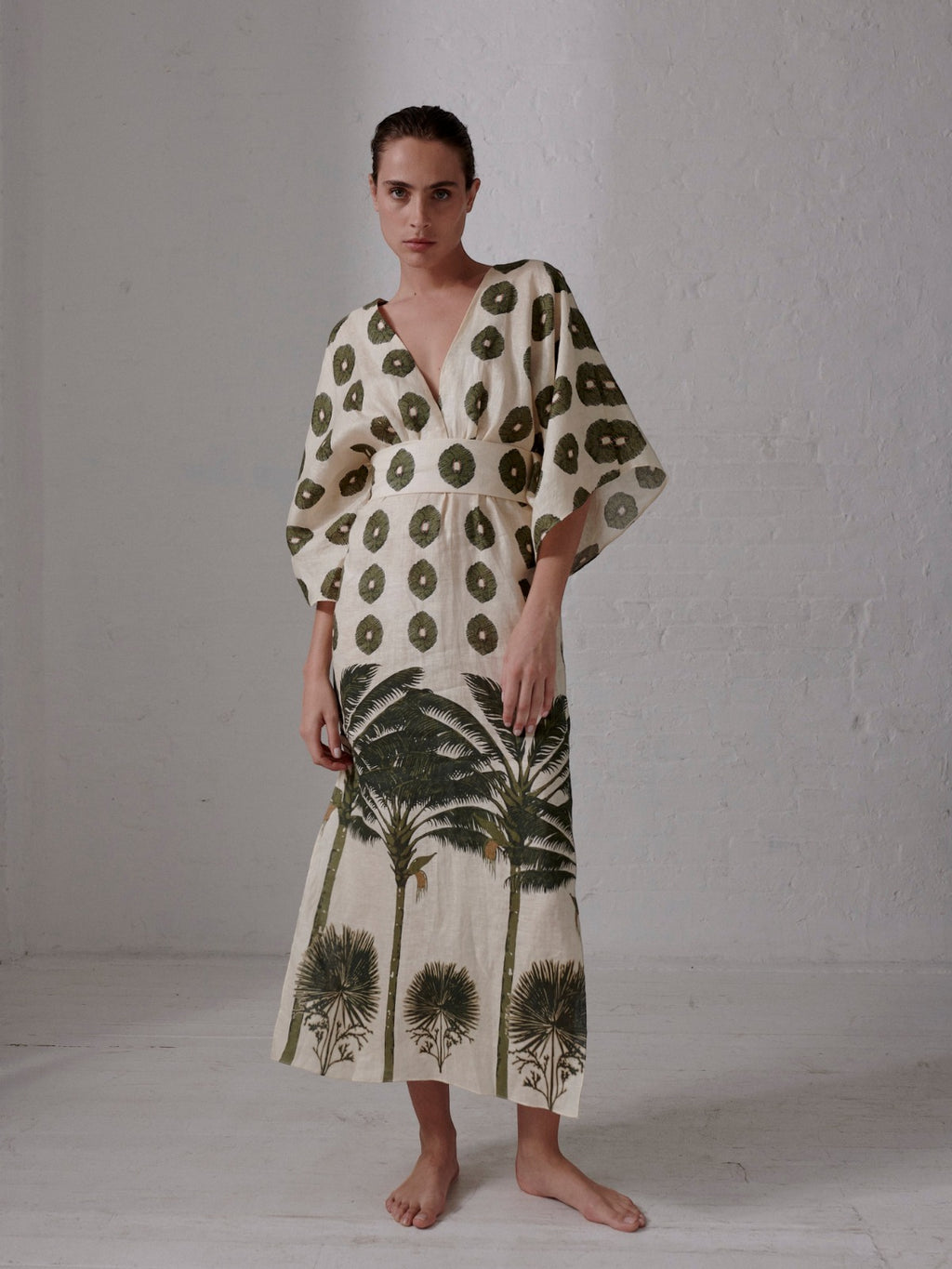 Topacio Linen Maxi Dress | Cream Maxi Palms Green