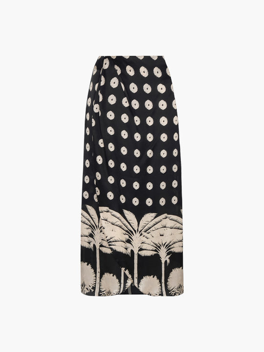 Amaime Satin Silk Midi Skirt | Black Palms