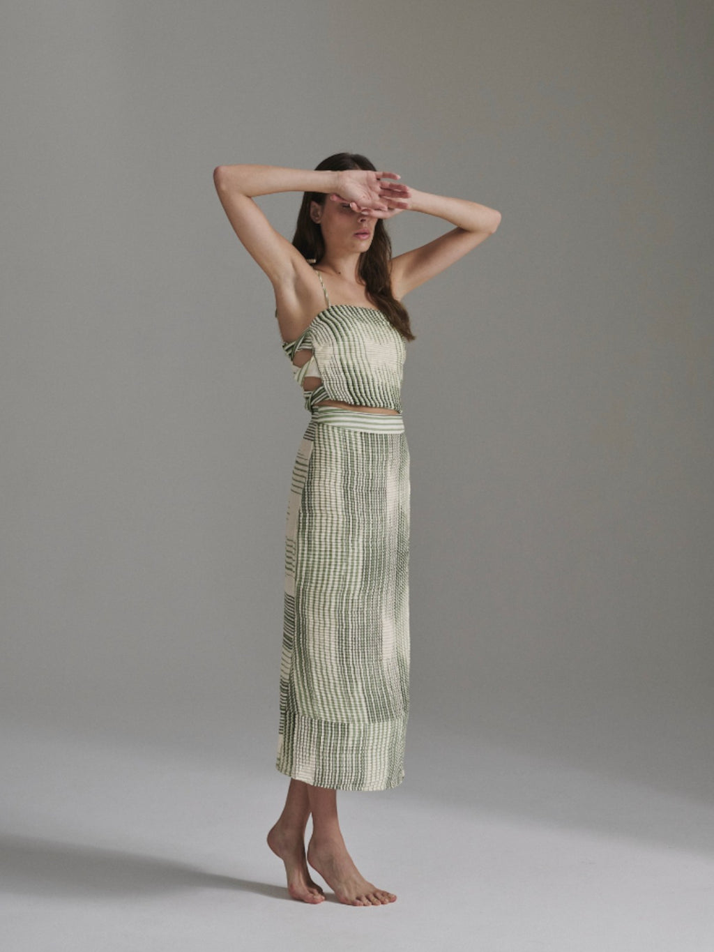 Beatrice Pleated Linen Midi Skirt | Green Stripes
