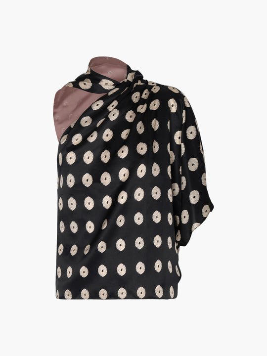 Chiminango Satin Silk Blouse | Black Mini Palms Cream