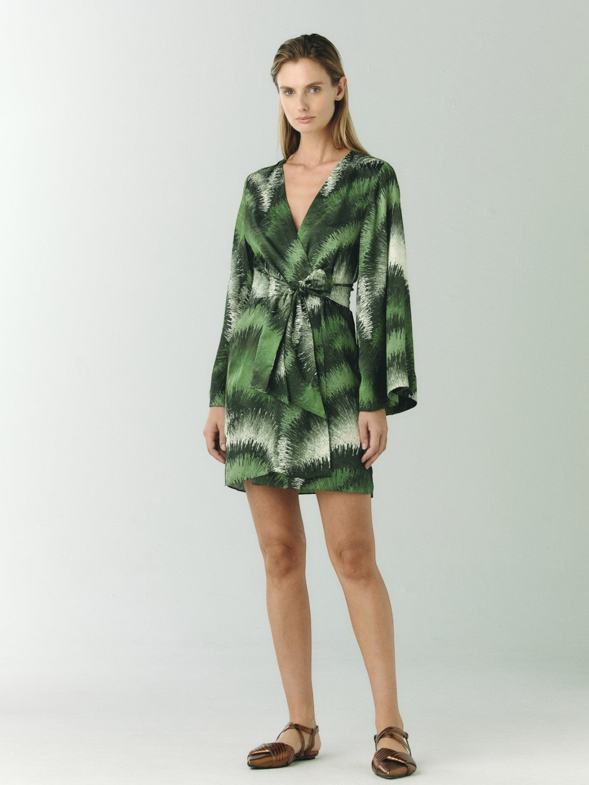 Joaquina Silk Jacquard Mini Kaftan | Green Brushed Joaquina Silk Jacquard Mini Kaftan | Green Brushed