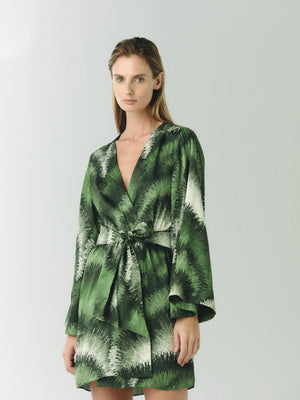 Joaquina Silk Jacquard Mini Kaftan | Green Brushed Joaquina Silk Jacquard Mini Kaftan | Green Brushed