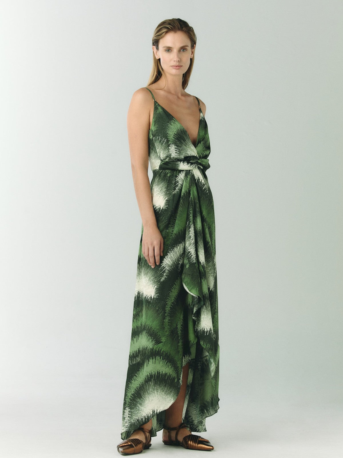 Sabina Silk Jacquard Midi Dress | Green Brushed