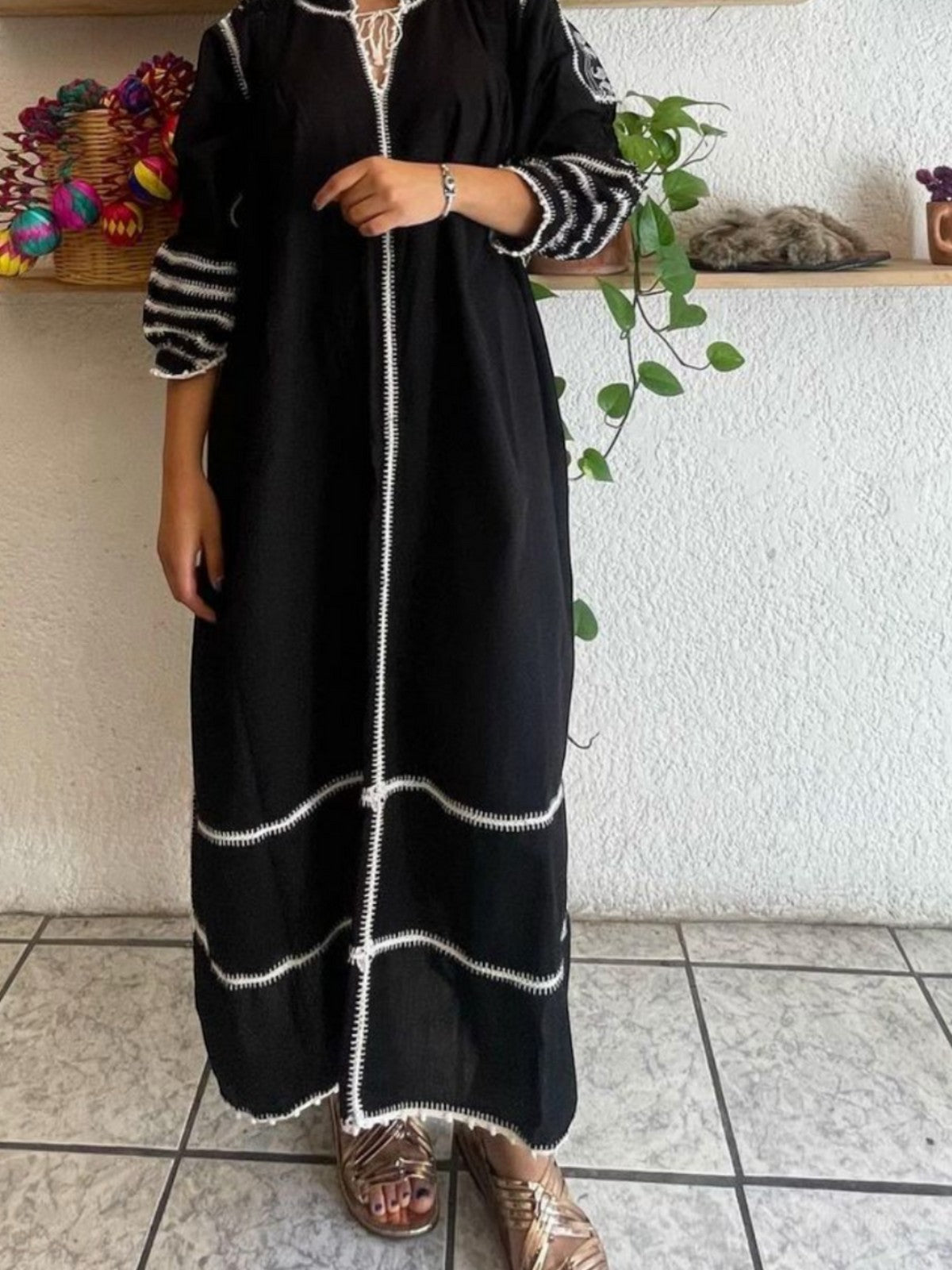 Amorcita Linen Mexican Dress | Ivory/Turquoise