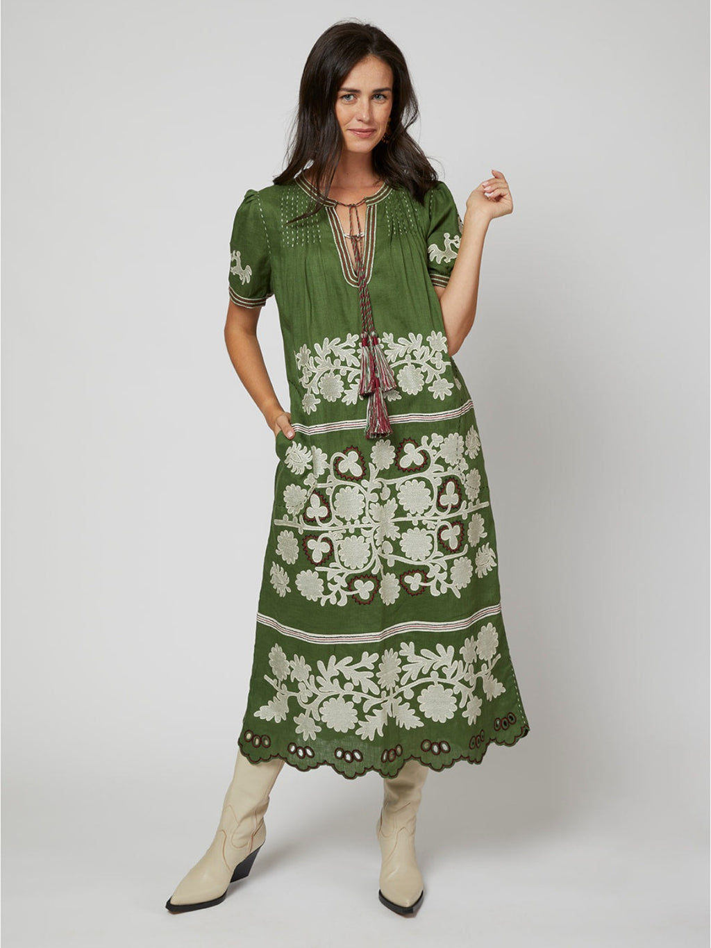 Natalia Ukrainian Embroidered Dress | Ivory/Olive