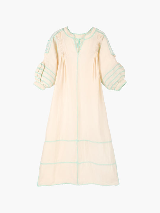 Amorcita Linen Mexican Dress | Ivory/Turquoise