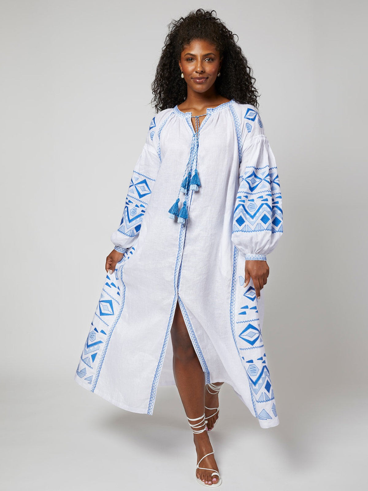 Daniela Ukrainian Embroidered Maxi Dress / Kaftan | White/Blue Daniela Ukrainian Embroidered Maxi Dress / Kaftan | White/Blue
