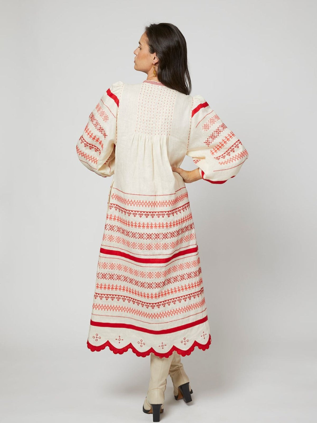 Kateryna Embroidered Ukrainian Dress | Ivory/Red