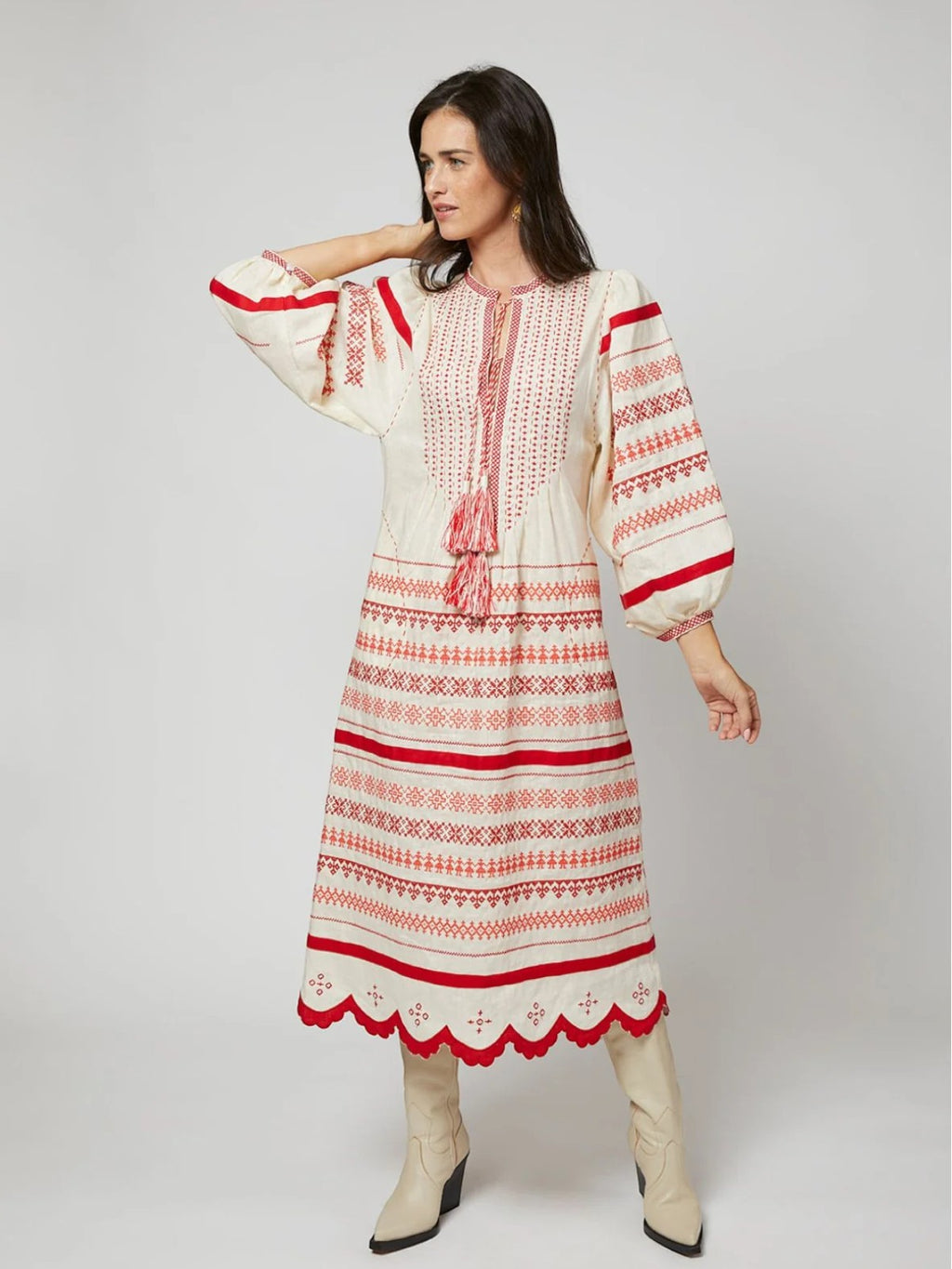 Kateryna Embroidered Ukrainian Dress | Ivory/Red
