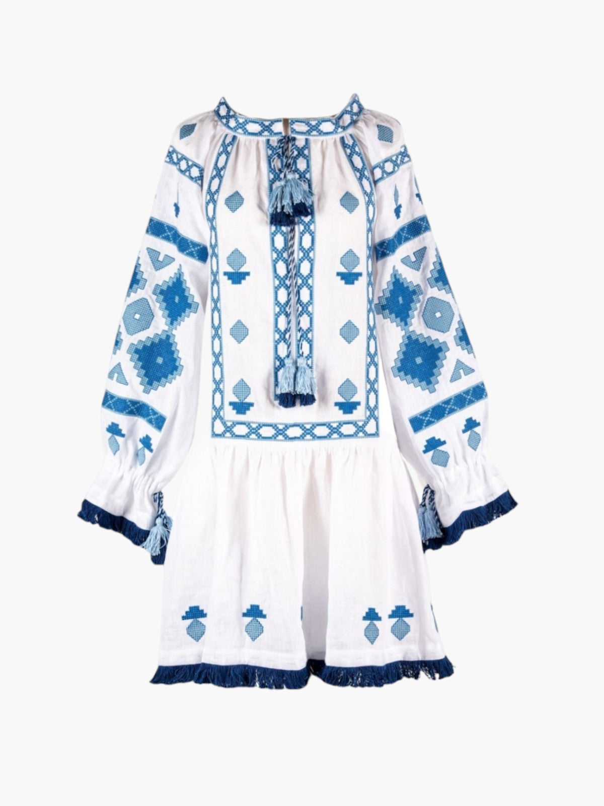 Nomeda Embroidered Ukrainian Dress | White/Blue Nomeda Embroidered Ukrainian Dress | White/Blue