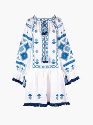 Nomeda Embroidered Ukrainian Dress | White/Blue Nomeda Embroidered Ukrainian Dress | White/Blue