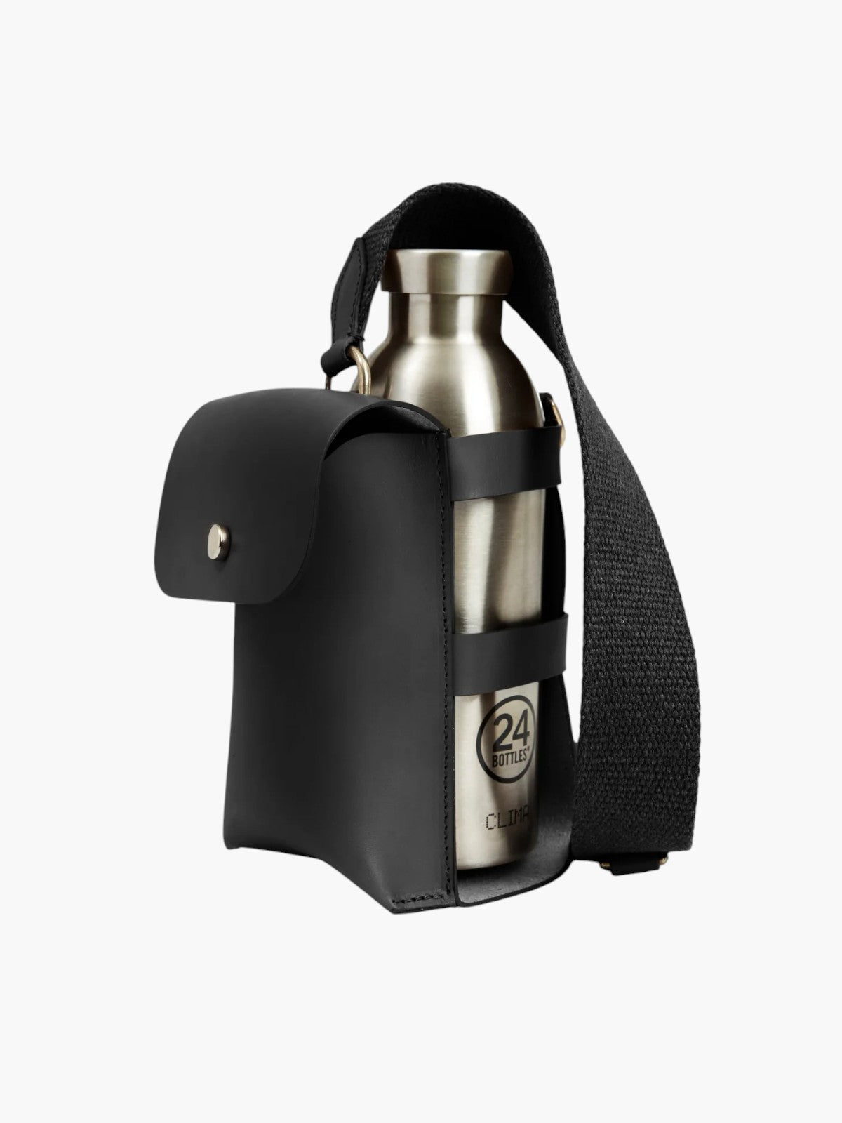 Leather Bottle Bag with Pocket and Bottle | Black