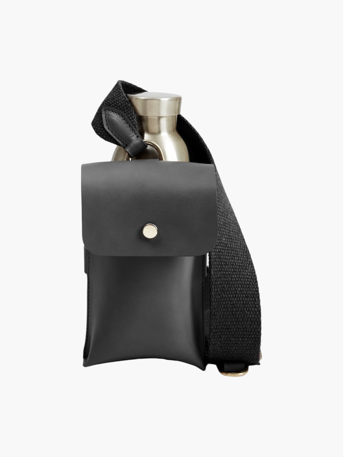 Leather Bottle Bag with Pocket and Bottle | Black Leather Bottle Bag with Pocket and Bottle | Black