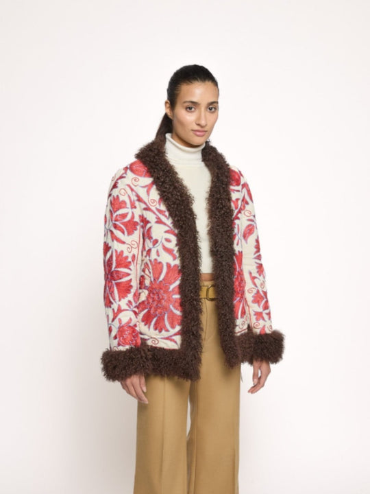 Zebay Coat - S | Pink Print/Brown Trim
