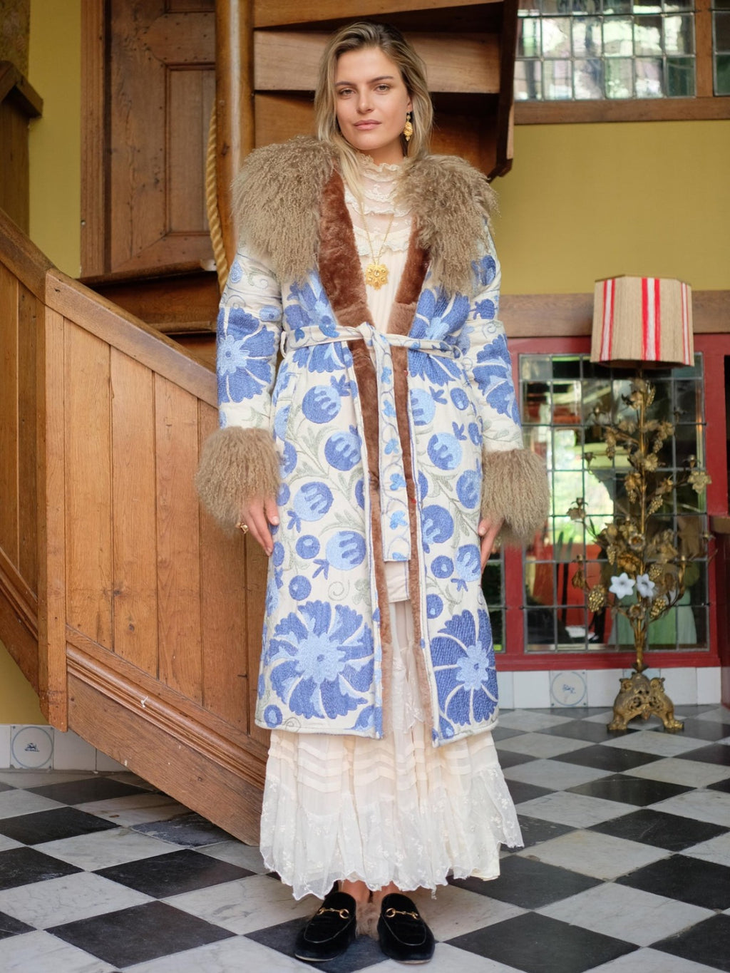 Aisara Wrap Coat - S | Blue Print/White