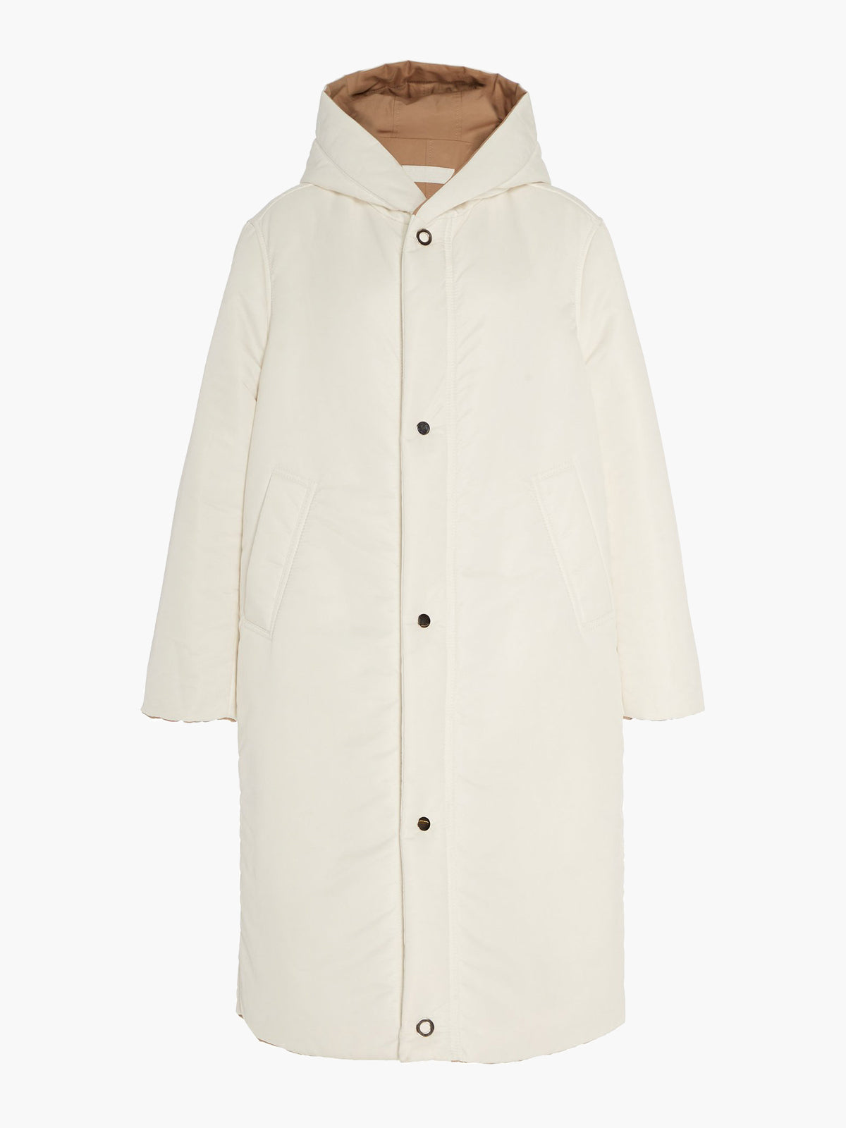 Sustainable Reversible Satin Down Coat | White/Camel Sustainable Reversible Satin Down Coat | White/Camel