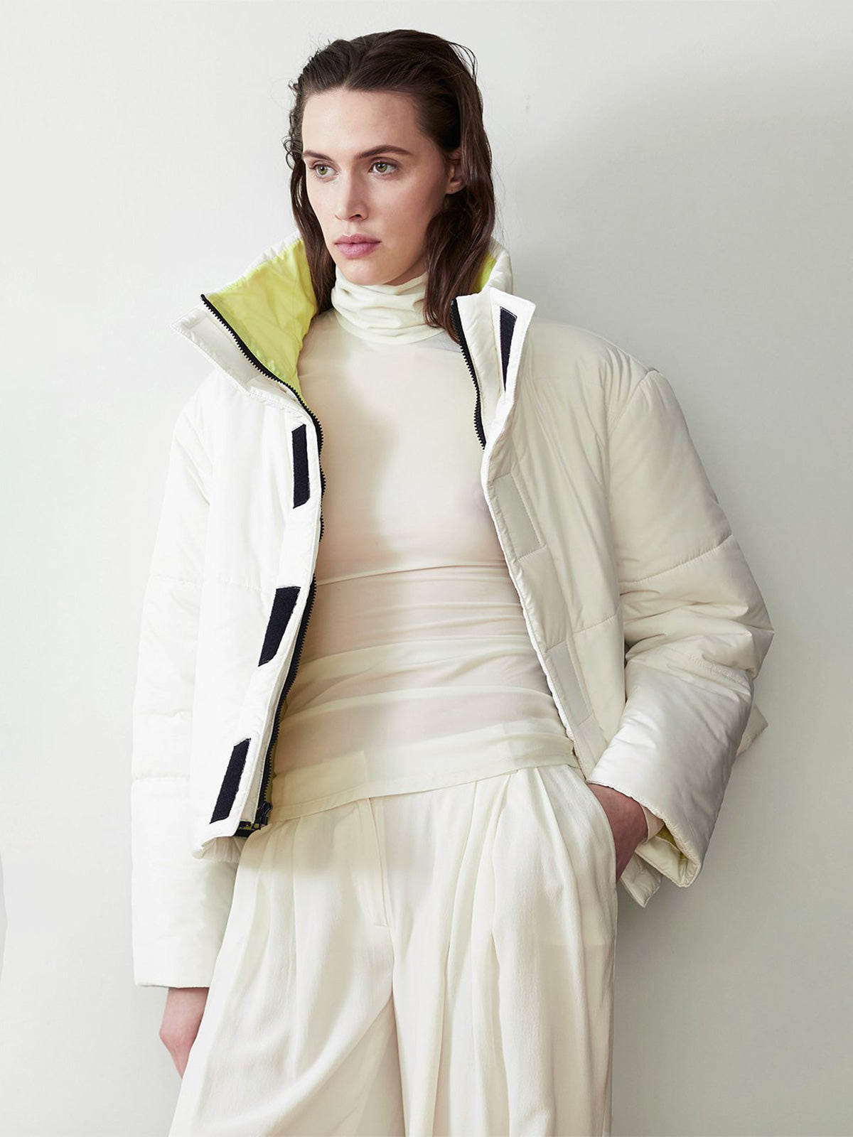 Reversible Cropped Sustainable Down Coat | White/Citron Reversible Cropped Sustainable Down Coat | White/Citron