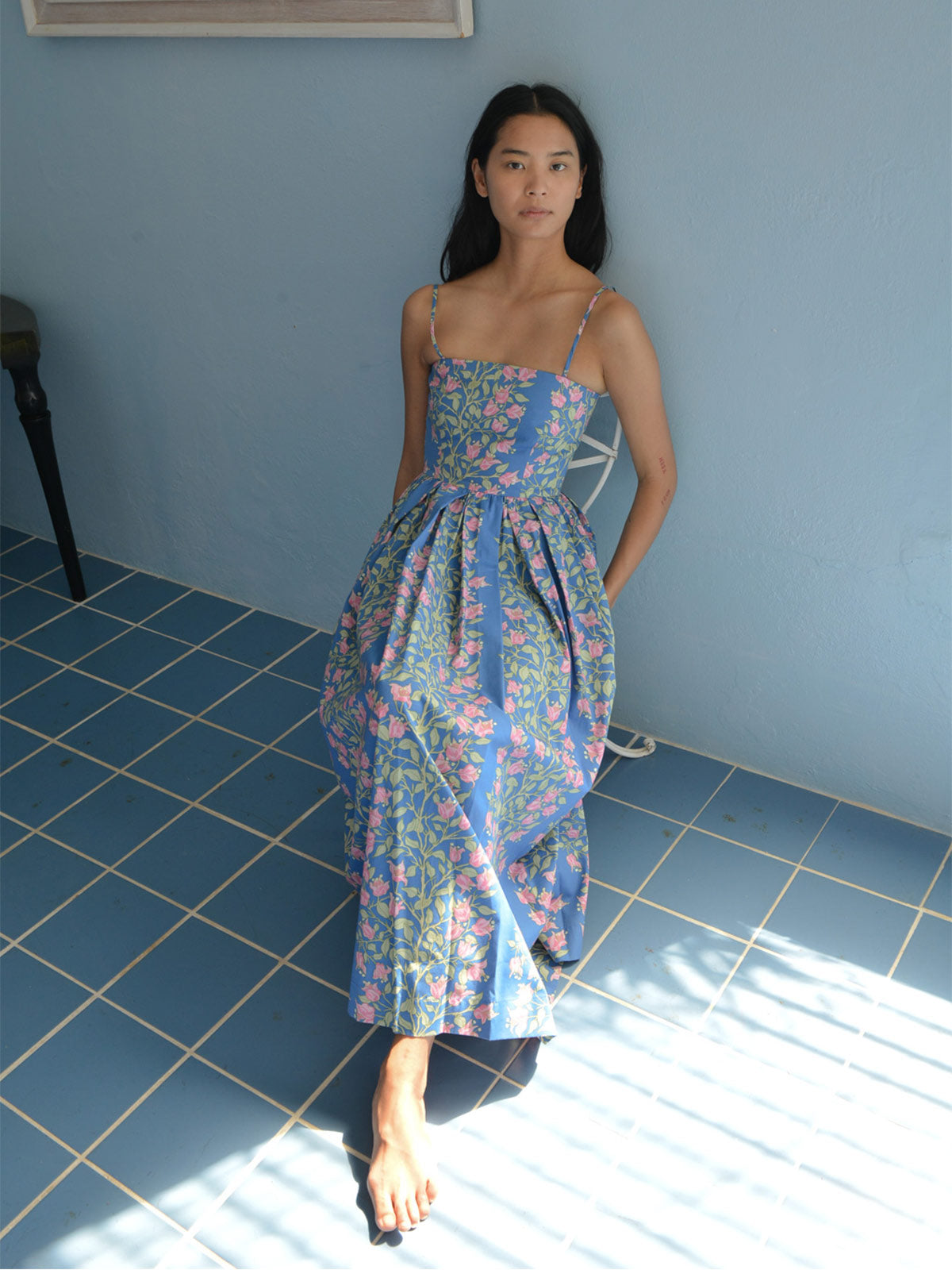 Skinny-Strap Poof Dress | Blue with Pink Bougainvilla Skinny-Strap Poof Dress | Blue with Pink Bougainvilla