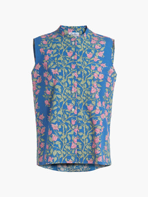Sleeveless Shirt | Blue With Pink Bougainvillea Sleeveless Shirt | Blue With Pink Bougainvillea