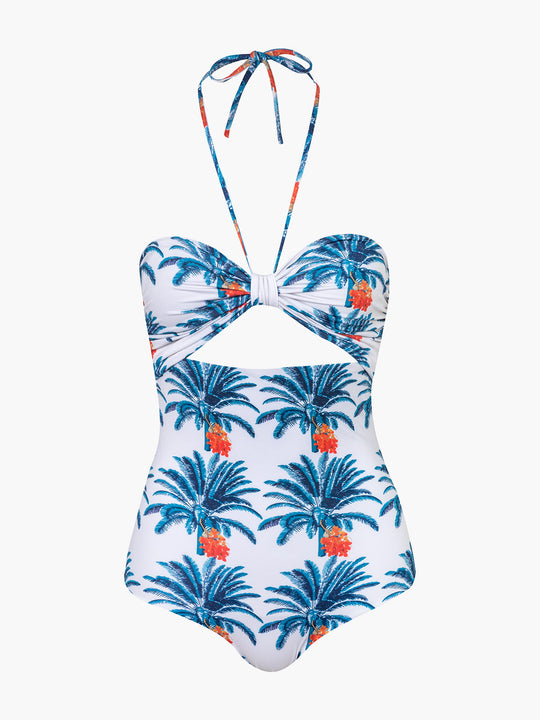 Lili One Piece | White Blue Palms/Ivory