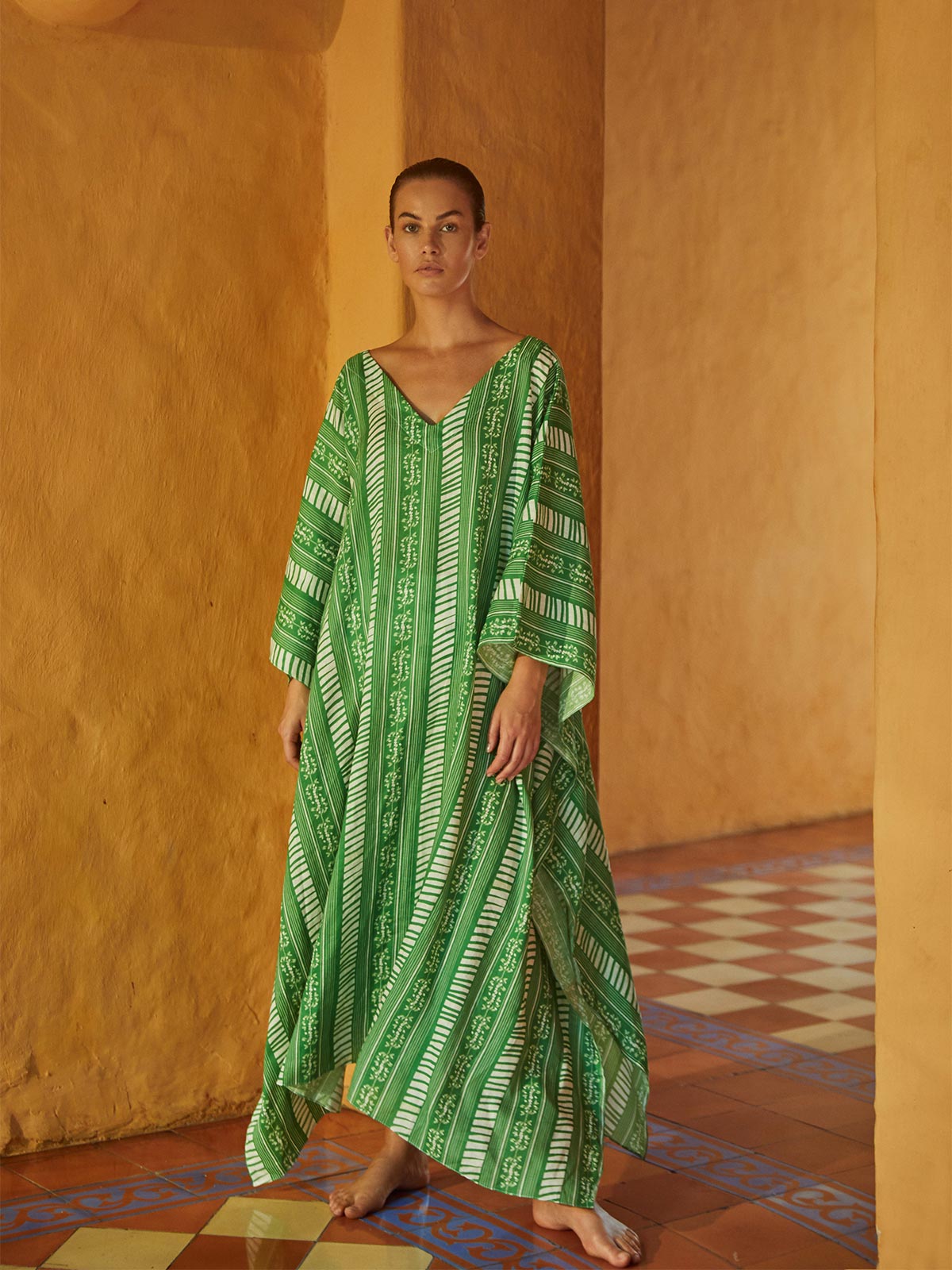 Morena Linen Maxi Kaftan | Green Stripes Morena Linen Maxi Kaftan | Green Stripes