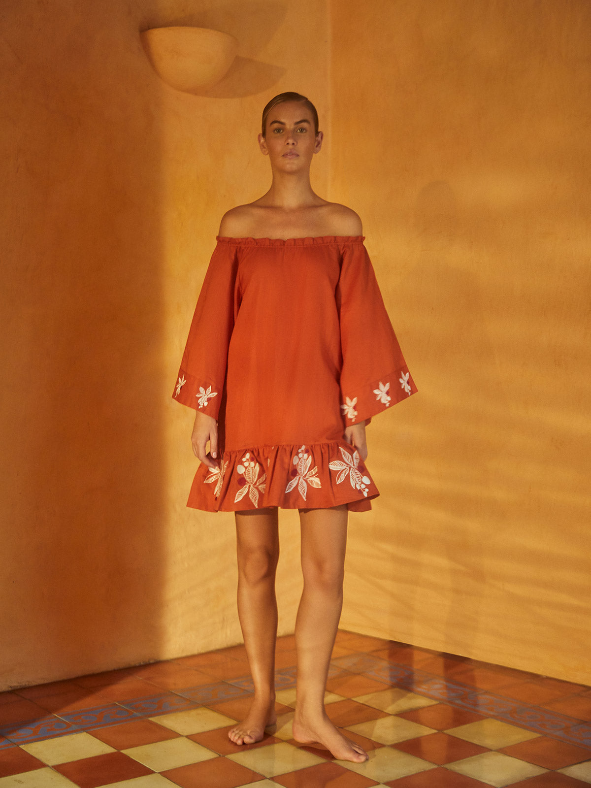 Mexico Lindo Linen Mini Dress Embroidered | Terracota Mexico Lindo Linen Mini Dress Embroidered | Terracota