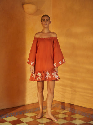 Mexico Lindo Linen Mini Dress Embroidered | Terracota Mexico Lindo Linen Mini Dress Embroidered | Terracota