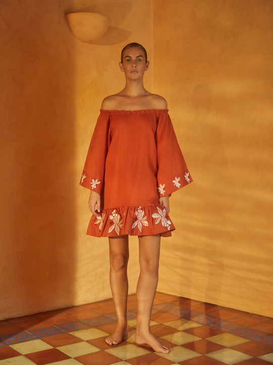 Mexico Lindo Linen Mini Dress Embroidered | Terracota